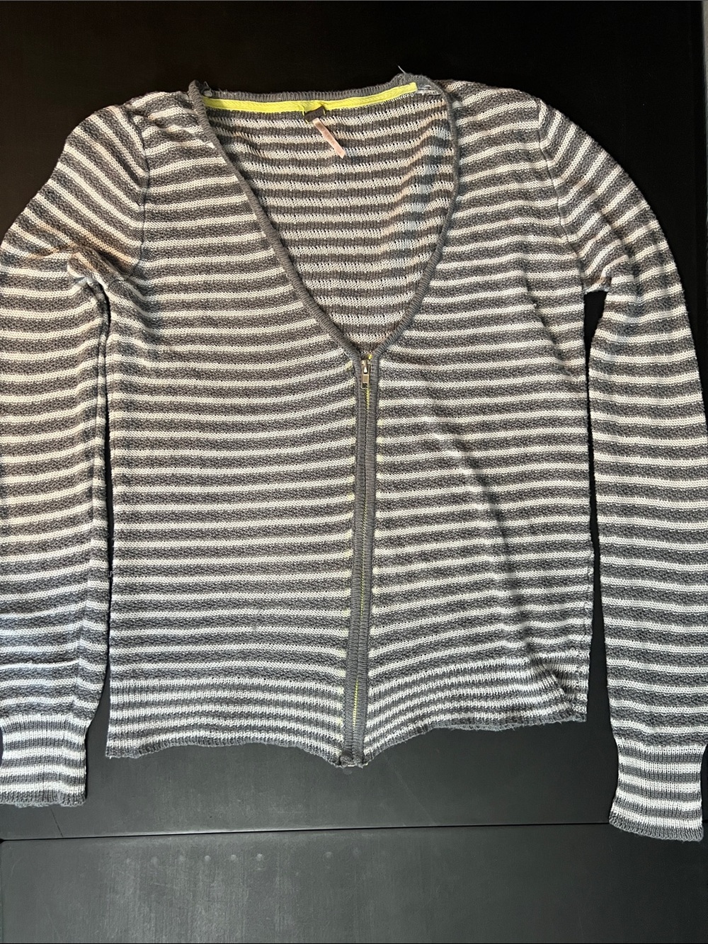 Striped Gray and White Zip-Front Women's Sweater
